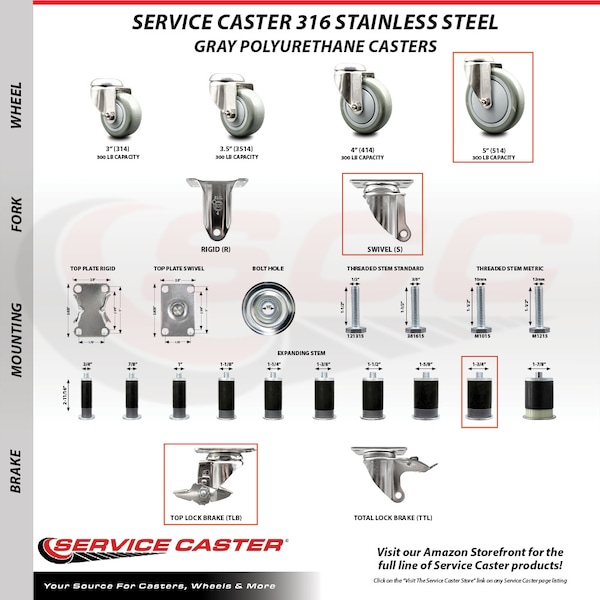 Service Caster 5 Inch 316SS Gray Poly Swivel 1-3/4 Inch Expanding Stem Caster Brake SCC, 2PK SCC-SS316EX20S514-PPUB-2-TLB-2-134 - main